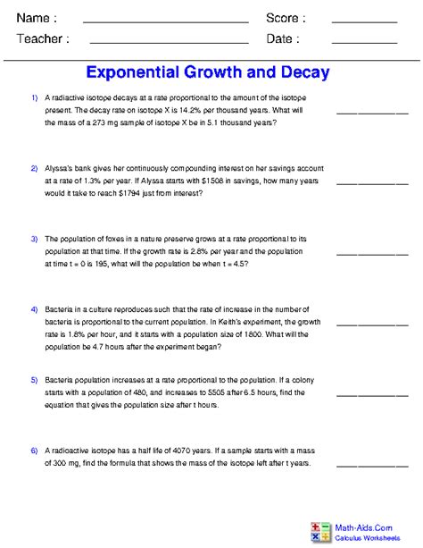 Exponential Growth and Decay Worksheet | Education Template